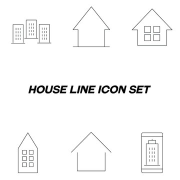 Real estate and mortgage concept. Collection of vector outline symbols for advertising, promotion, stores, banners. Line icons of apartment buildings and private houses as symbols of property and home