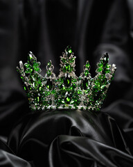 Crown for miss beauty, a symbol of power and elegance, competition, show. Diadem in white metal and emerald stones on a black draped satin background © mira_y