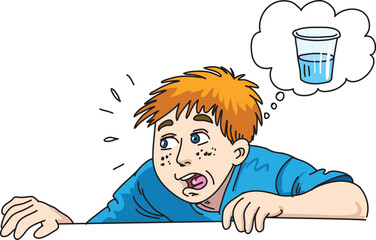 vector illustration boy feel thirsty and think about glass of water
