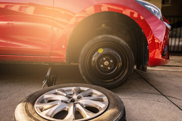Red car in station repair service car maintenance for industry rubber wheels tire vehicle auto car...