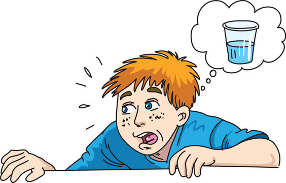 vector illustration boy feel thirsty and think about glass of water