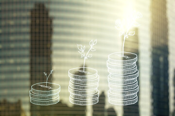 Virtual cash savings illustration on office buildings background. Retirement savings and capital increase concept. Multiexposure