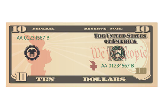 Ten dollars without a portrait of Hamilton. 10 us dollars banknote. Template or mock up for a souvenir. Vector illustration isolated on a white background