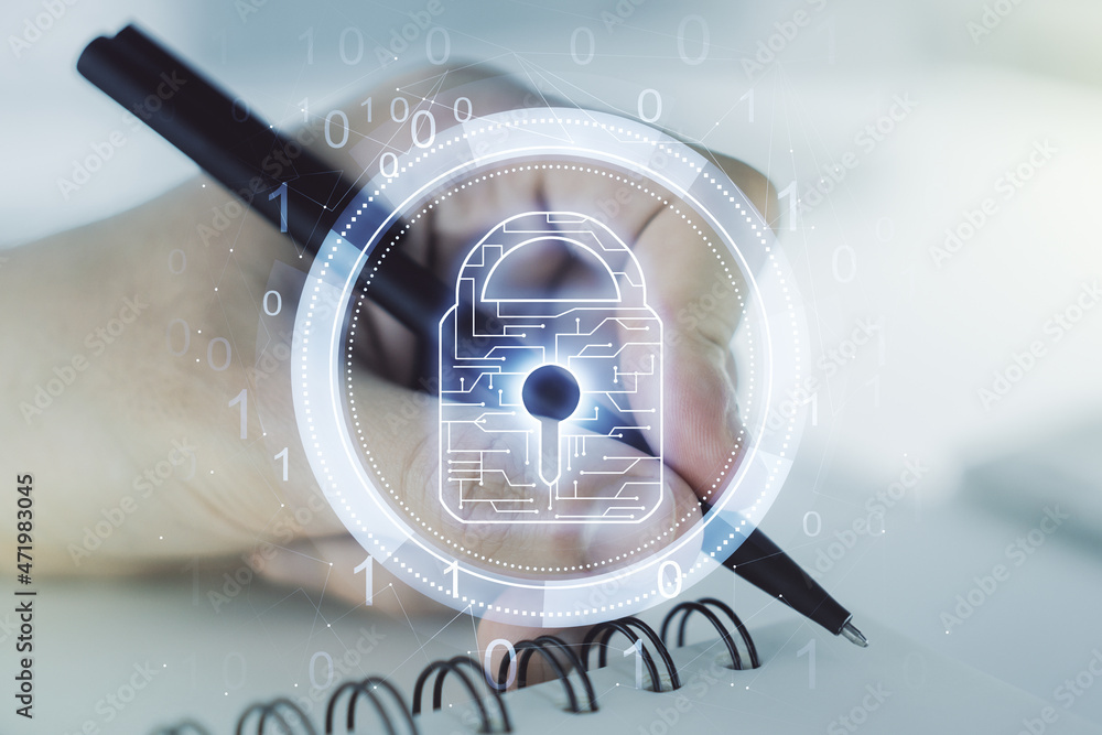 Poster creative lock sketch with chip hologram and man hand writing in notepad on background, protection of