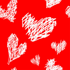 Seamless Saint Valentine pattern with ink, pen drawn hearts. Decorative sketch wallpaper
