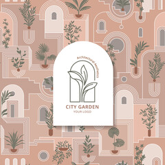 Fototapeta na wymiar Architectural seamless pattern with plants and logo city garden for hotel, wallpaper or gallery.