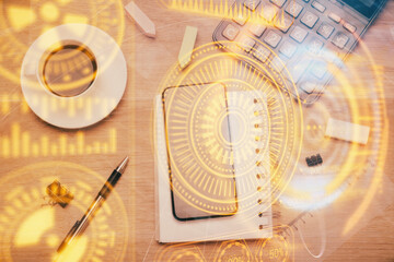 Multi exposure of technology theme drawing over table with phone. Top view. Concept of hightech.