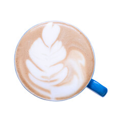 Top view of Hot latte art coffee on blue cup isolated white background.