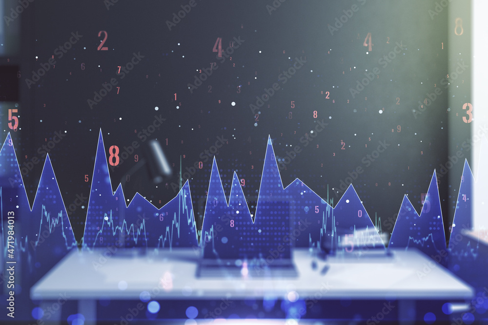 Poster multi exposure of stats data illustration and modern desktop with computer on background, computing 