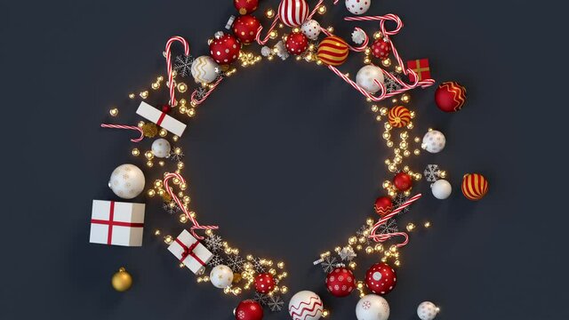 Christmas composition on dark gray background. Winter holidays template with free space. 3D render animation