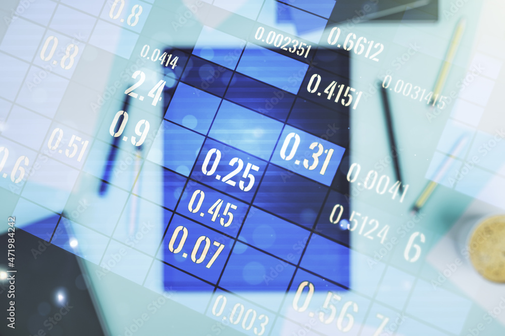 Poster multi exposure of stats data illustration and modern digital tablet on background, top view, computi