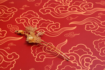 Chinese hairpin hair clips on a red background. Chinese traditional jewelry