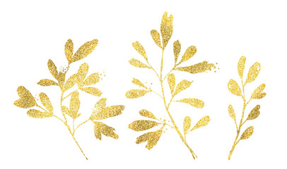 Golden glitter floral elements. Set of ficus branches and leaves in shiny foil. Botanical floral illustration for modern boho bouquets, wedding cards