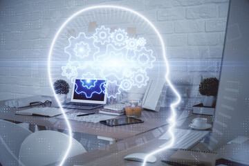 Double exposure of brain drawing and office interior background. Concept of data technology.