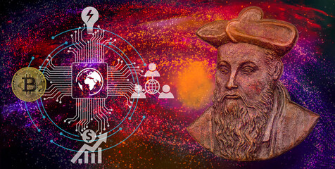 Nostradamus prediction to Metaverse, Digital link tech, IoT Internet of Things, Big data concept. Businessman bitcoin reference. - obrazy, fototapety, plakaty