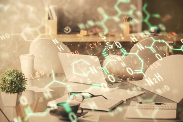 Double exposure of formulas drawing and office interior background. Concept of education.