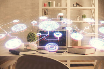 Double exposure of social network theme drawing and office interior background. Concept of web.