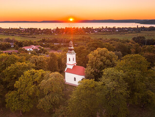 Small chapel in Szantodpuszta, Hungary in the sunset