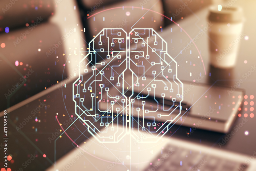Aufkleber creative artificial intelligence concept with human brain sketch on modern computer background. doub