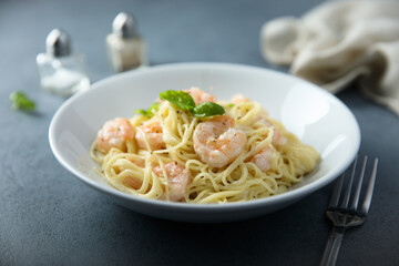 Traditional homemade pasta with shrimps