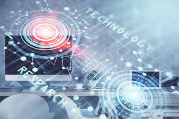 Multi exposure of data theme drawing and office interior background. Concept of technology.