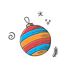Doodle Christmas ball,hand drawn colored decoration,New Year toy,festive element.Use for holiday cards, posters,banners,calendars,print.Outline drawing picture.Isolated.Vector illustration