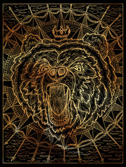 Black and gold illustration of emblem with head of bear against background of compass and sea.