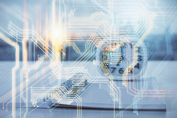 Multi exposure of world map drawings and desk with open notebook background. Concept of globolization