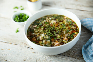 Traditional Russian cold soup with vegetables