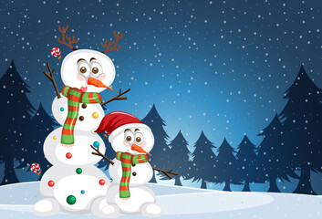 Christmas poster template with cute snowman on snow falling background