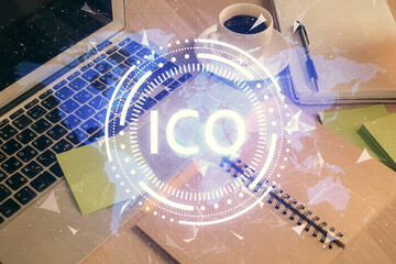 Double exposure of crypto technology drawing and desktop with coffee and items on table background. Concept of blockchain