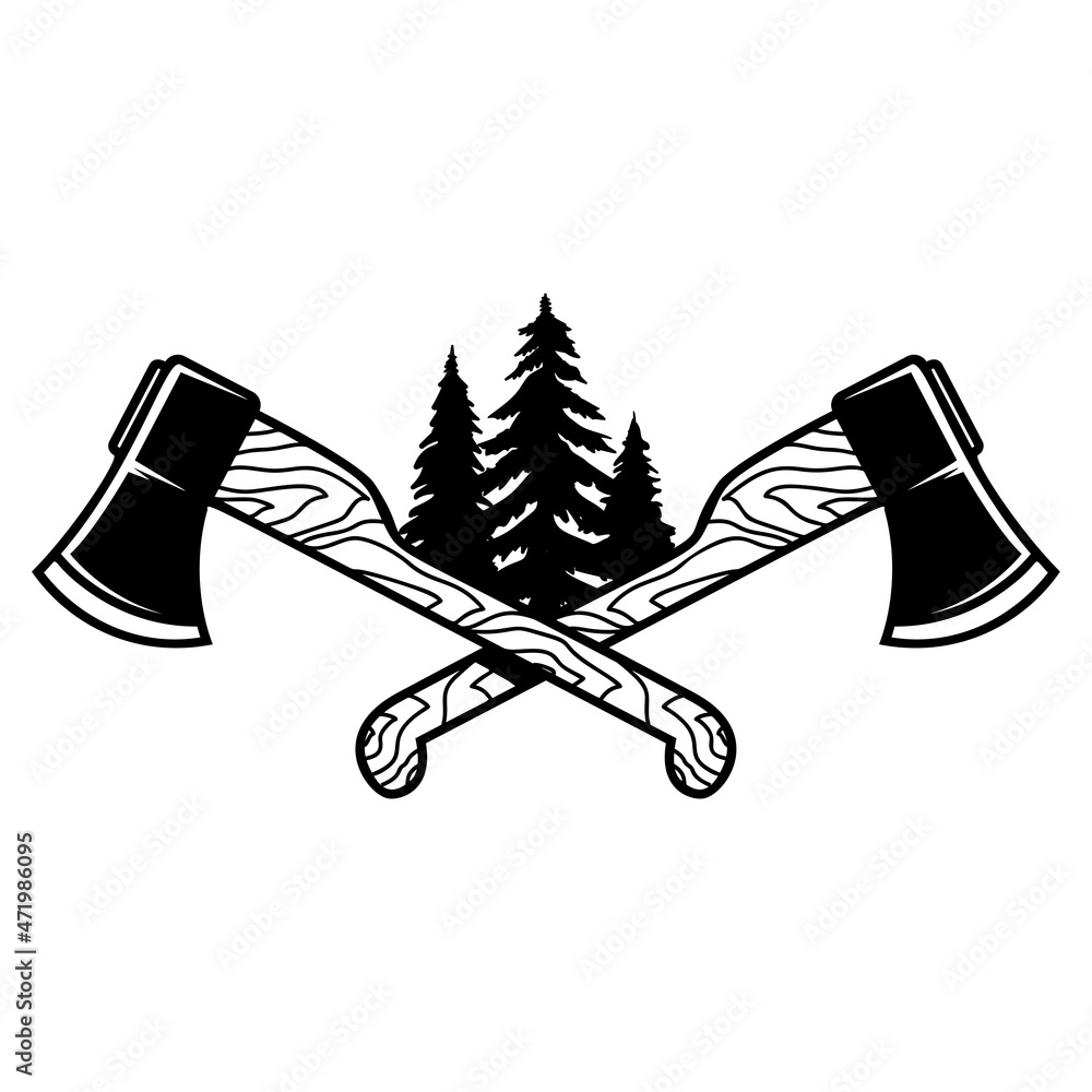 Wall mural crossed lumberjack axes with trees. design element for logo, emblem, sign, poster, t shirt. vector i