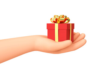 Cartoon hand holding red gift box with golden ribbon isolated on white. Clipping path included