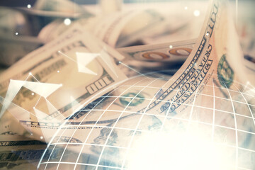 Double exposure of world map drawing over us dollars bill background. International concept.