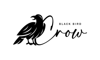 Crow Logo Design - silhouette black bird vector Illustration on white background - Creative character, icon, symbol, badge, emblem