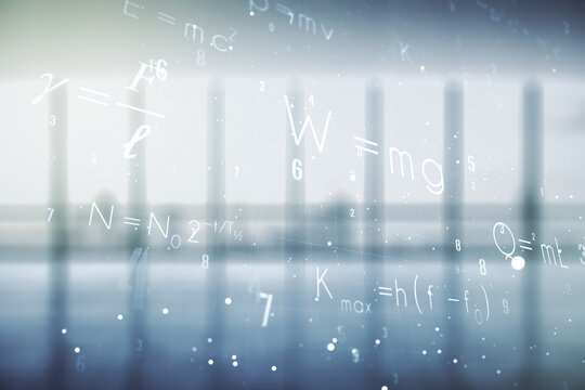 Scientific formula illustration on modern interior background, science and research concept. Multiexposure