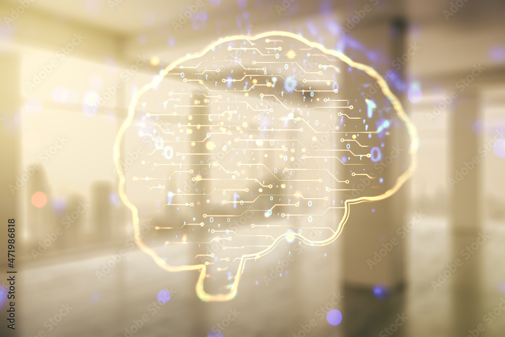 Poster double exposure of creative artificial intelligence interface on empty modern office background. neu
