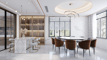 Modern classic dining interior with dining table and chairs.3D illustration
