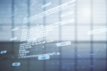 Abstract virtual coding illustration on modern interior background, software development concept. Multiexposure