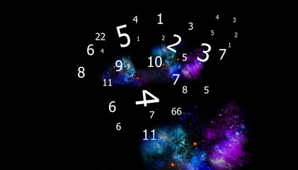 White numbers on a background of space and black background, numerology
