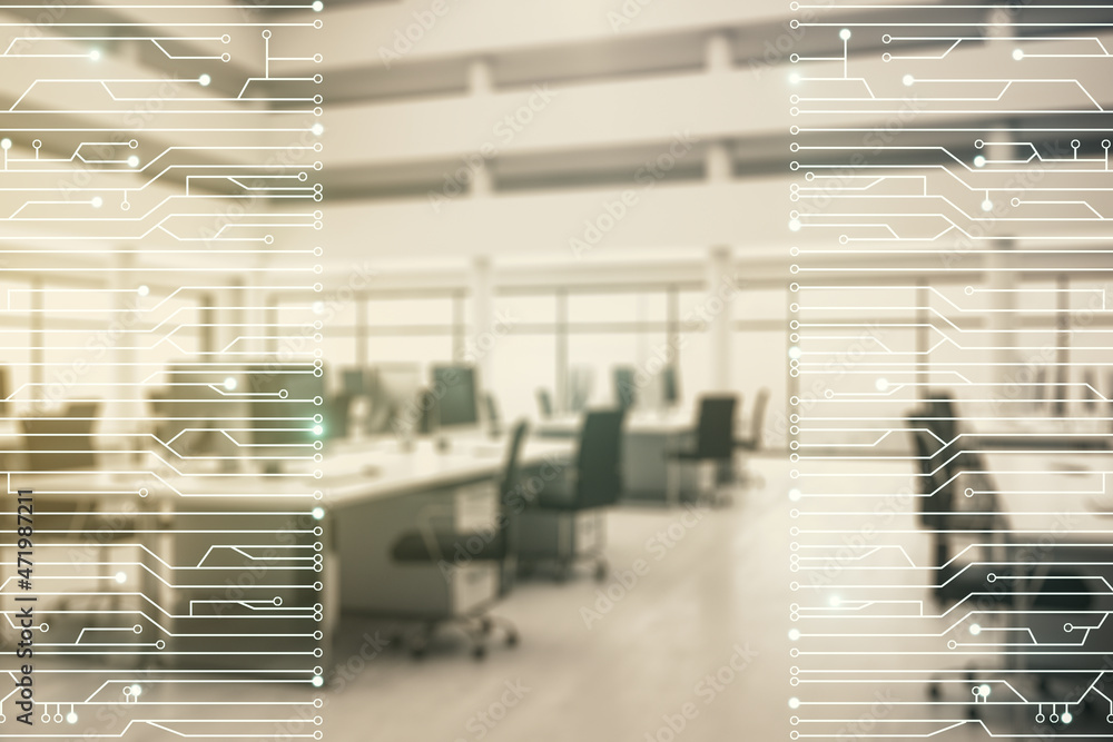 Aufkleber double exposure of abstract virtual circuit hologram on modern corporate office background. research