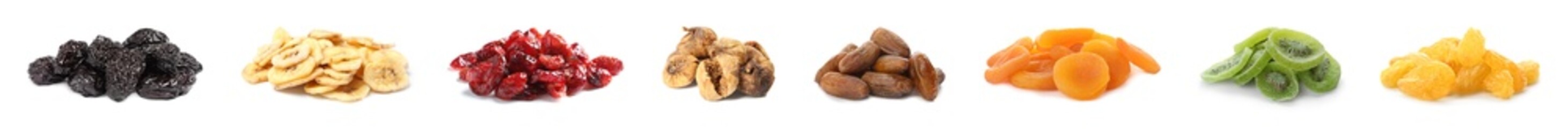 Set with different tasty dried fruits on white background. Banner design