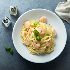 Traditional homemade pasta with shrimps