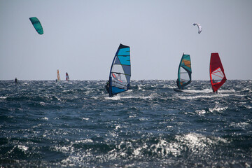 Wind and kite surfers wavesailing at the ocean glistening in the sun (Tenerife, Spain)