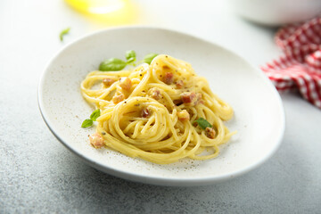 Traditional homemade pasta Carbonara with pork and egg