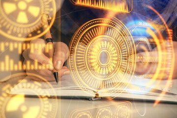 Double exposure of woman hands typing on computer and technology theme drawing. High Tech concept.