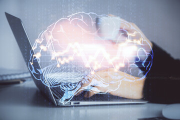 Multi exposure of woman hands working on computer and human brain hologram drawing. Ai tech concept.