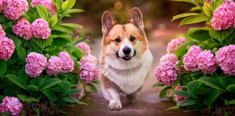 portrait funny puppy dog corgi walks in a sunny garden among pink hydrangea flowers