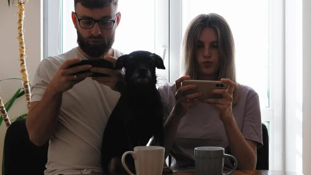 Addicted young couple man and woman playing games on phone and their innocent dog looking at camera. Family playing video games using smartphones 