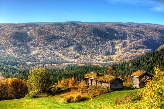 Traditional Norwegian Timber Cottages Near Beitostolen, Norway